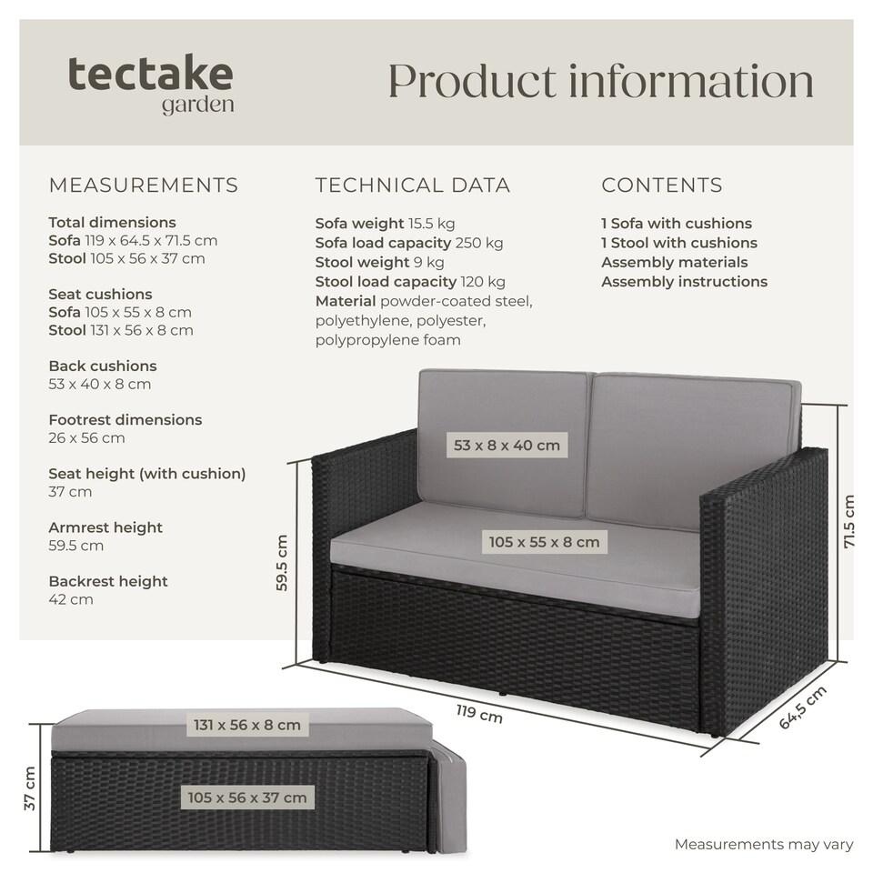 image 1 of Garden Sofa Corfu - 2 seater sofa, stool sun lounger, thick cushions | Black | black/grey | 119 x 64,50 x 71,50 cm | 1