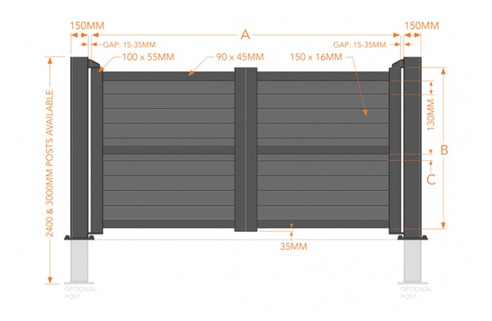 image 1 of Double Swing Gate 3750x1600mm Black - Horizontal Solid Infill and Flat Top | Black | 1