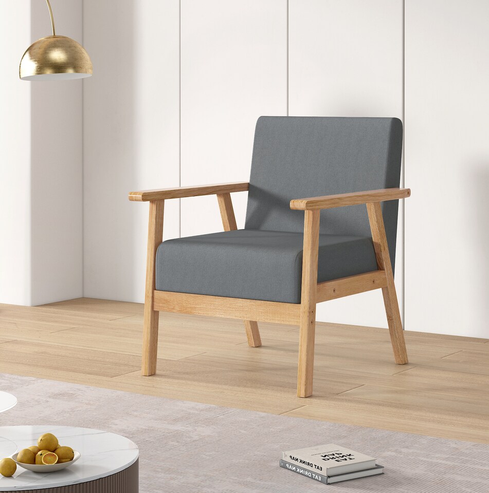 image 1 of Single seater Linen Fabric Wooden Sofa with Comfortable Padded Seat Country