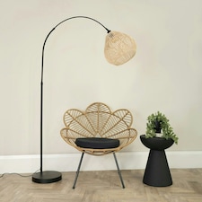 ValueLights Louis Black Arched Curved Floor Lamp with Rattan Teardrop Lamp Shade