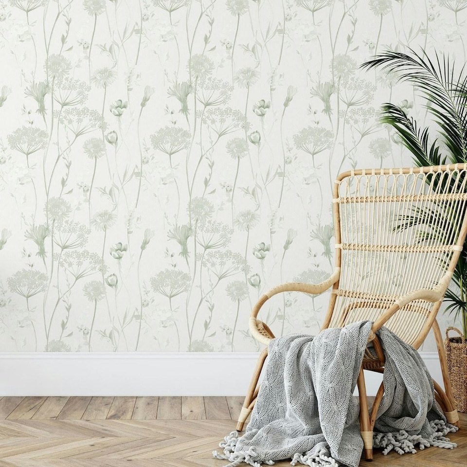 image 1 of Muriva Catherine Lansfield Meadowsweet Floral Wallpaper - Sage Green - 10m x 53cm Green