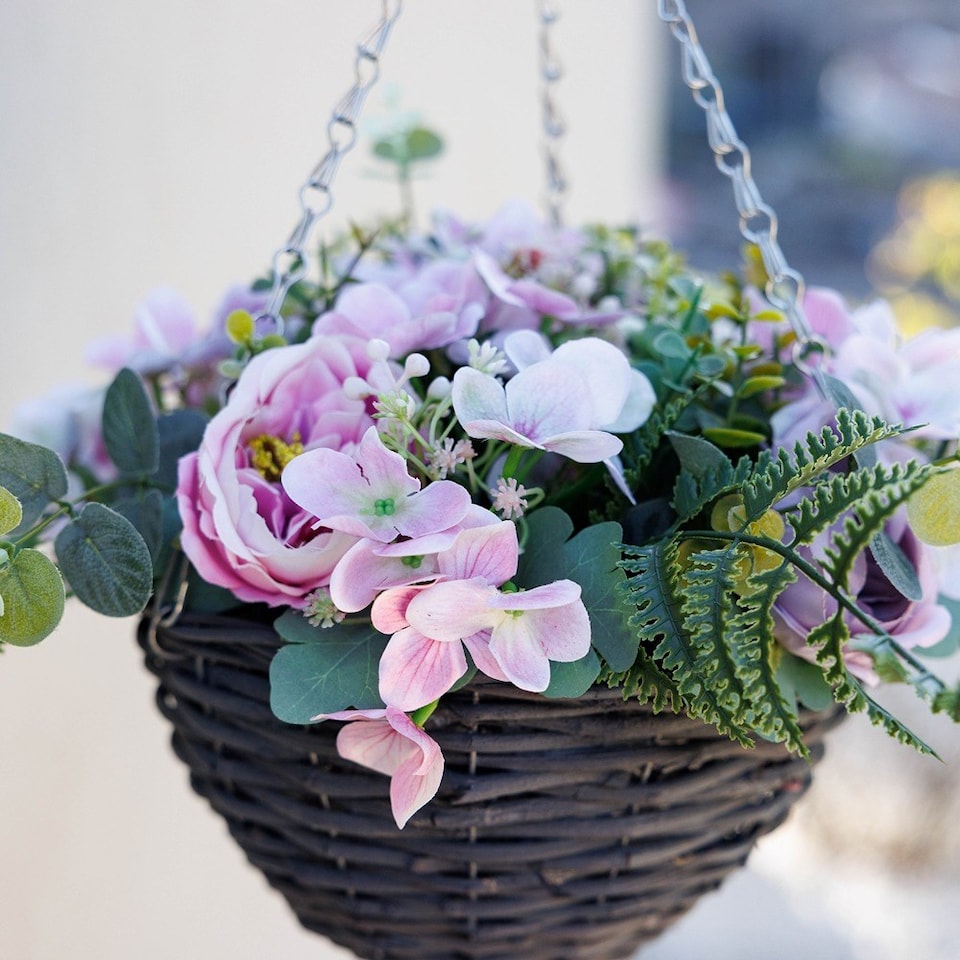 image 1 of Artificial Peonies and Hydrangeas Hanging Floral Arrangement in Wicker Basket 32cm | Brown | Brown | 1