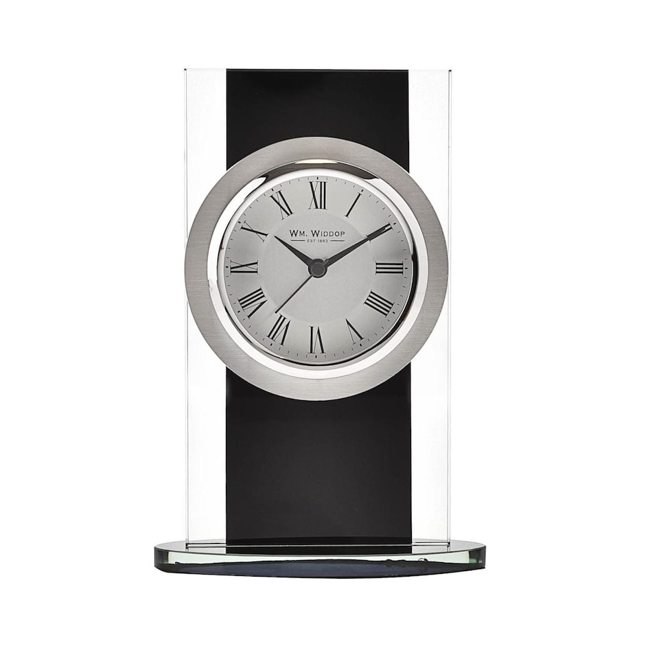 image 1 of Widdop Gifts Silver and Black Glass Mantel Clock