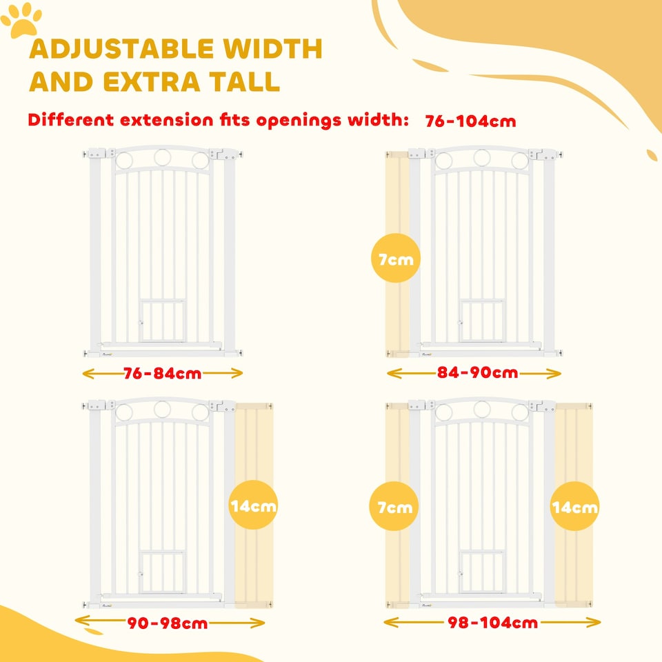 image 1 of PawHut Stair Gate with Cat Door, Adjustable Width, 76-104cm and 106cm Tall