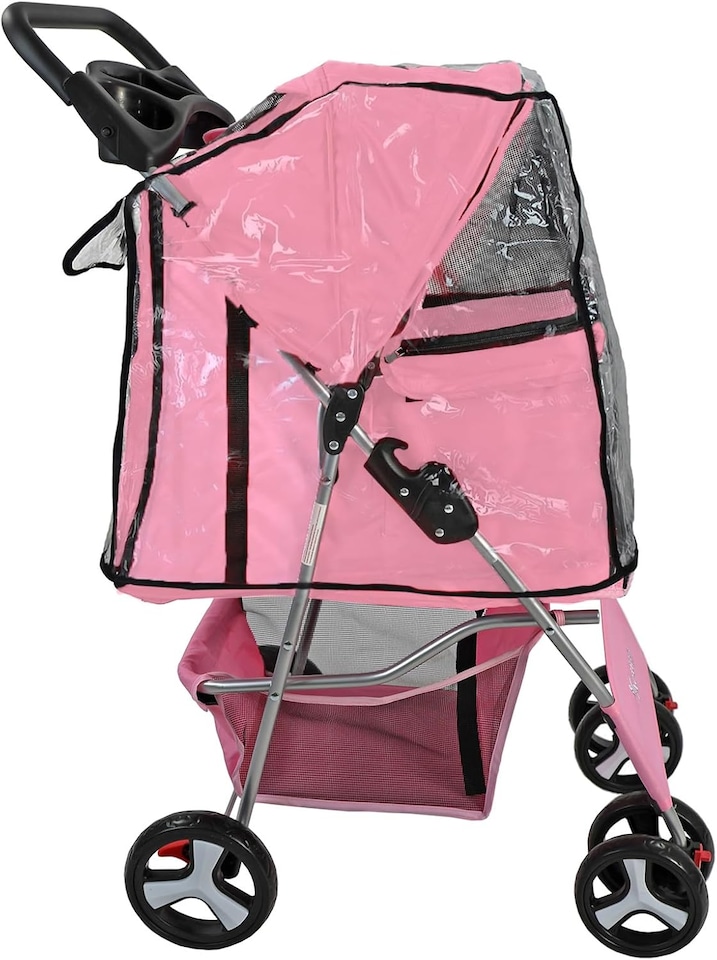 image 1 of Pet Stroller Dog Cat Puppy Pram Pushchair Travel Cart Jogging Buggy Carrier (Pink with Cover)