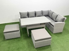 Fimous Rattan Garden Furniture Set Outdoor 8 Seater Patio Dining Corner Sofa Sets with Dining Table 2 Big Footstools Light Grey Mixed