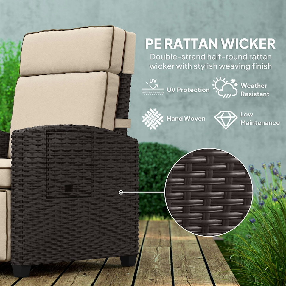 image 1 of Outsunny Rattan Garden Recliner Sun Lounger w/ Flip Table, Dark Brown/Khaki