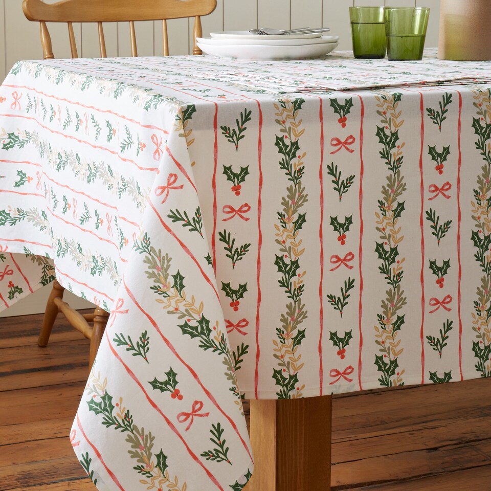 image 1 of Catherine Lansfield Christmas Holly Stripe Cotton Table Cloth