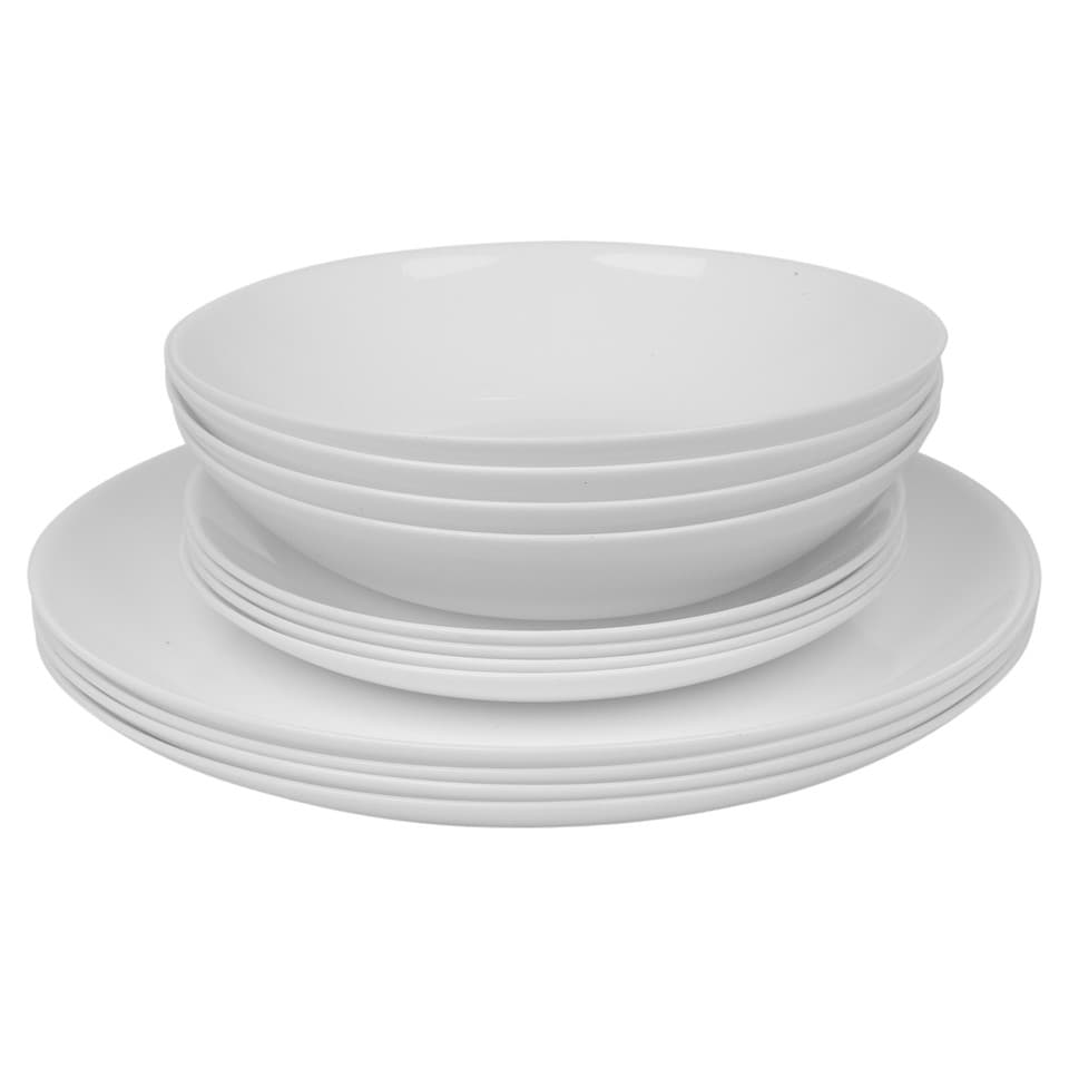image 1 of White Opal Glass Dinner Set Plates Soup Bowls Dinnerware | White | Luna - Breakfast & Dinner - 24 Pcs | 24