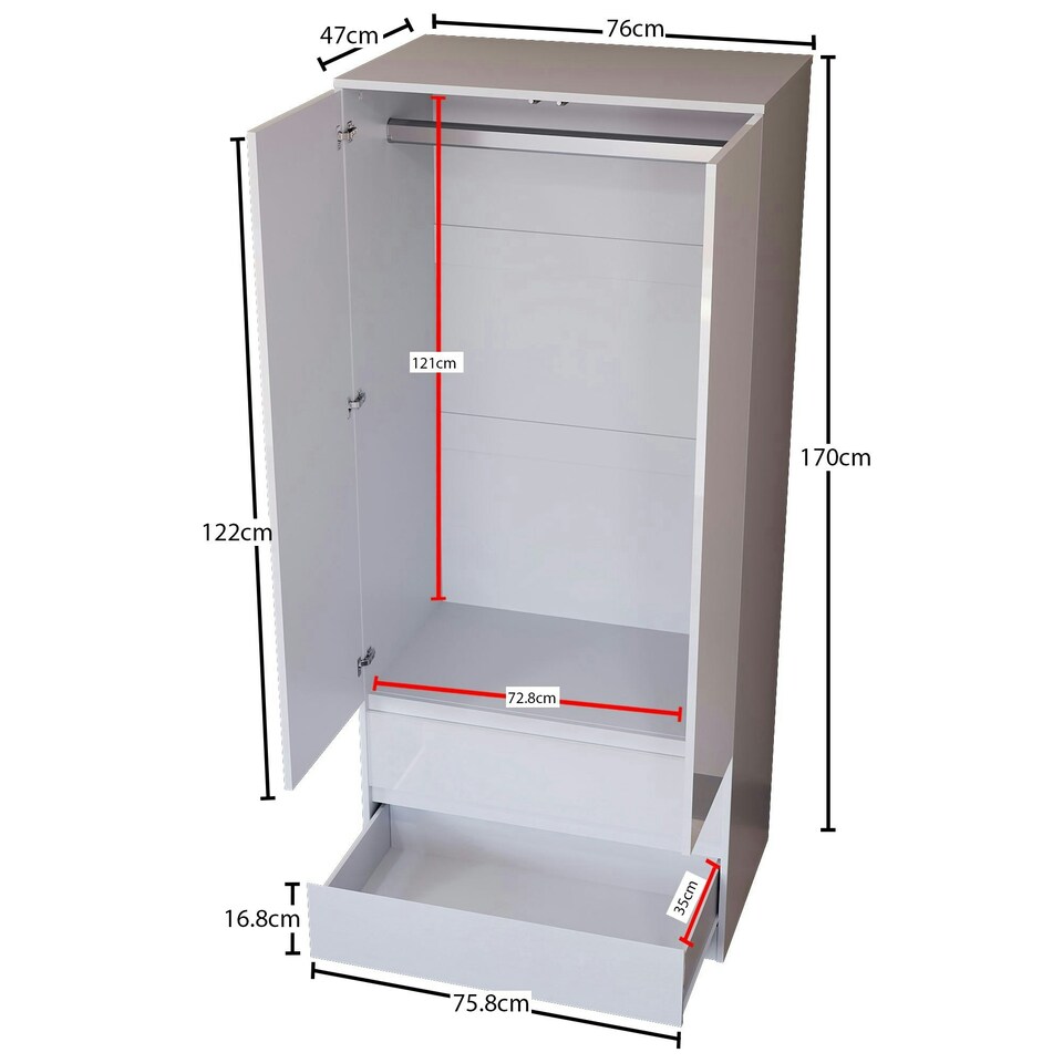 image 1 of Vida Designs Glinton 2 Door 2 Drawer Wardrobe High Gloss Doors With Shelf & Clothes Rail, 100% FSC, White