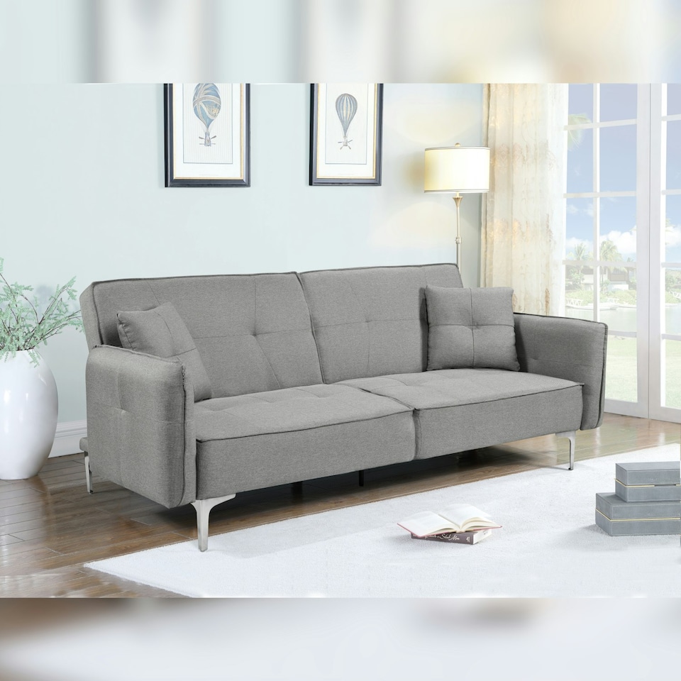 image 1 of Grey Linen Sofa Bed with 2 Cushions