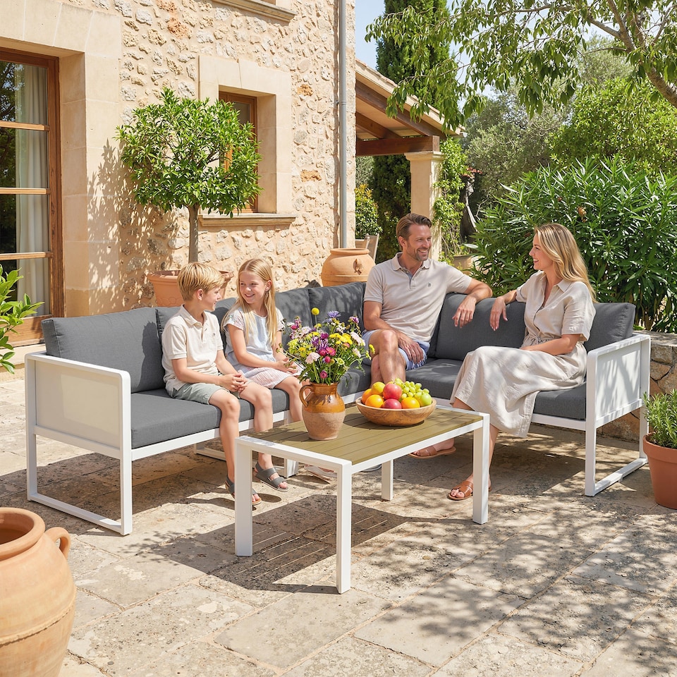 image 1 of Outsunny 6 Seater Metal Garden Furniture L Shaped Corner Sofa Set, White