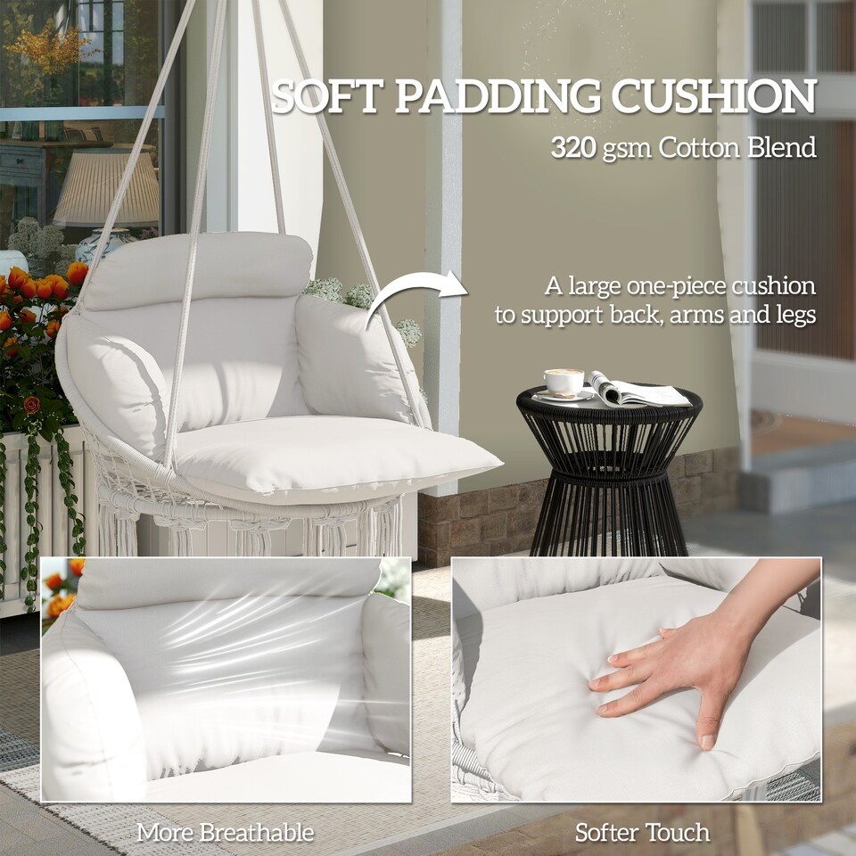 image 1 of Outsunny Hanging Chair Outdoor Hammock Chair with Soft Cushion, Cotton Rope Boho Style Swing Chair, Hanging Garden Swing Seat for Indoor Outdoor, Cream White | Cream | Cream