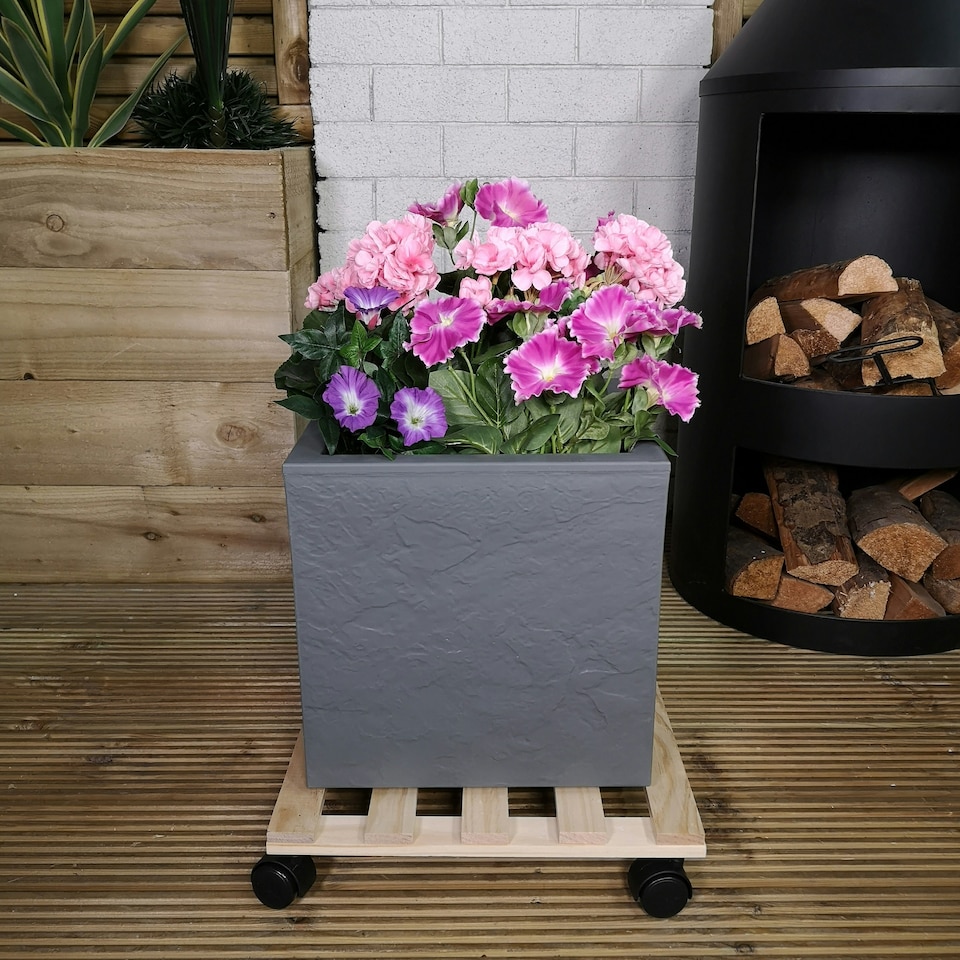 image 1 of 35cm Square Wooden Garden Plant Pot Flower Trolley Stand On Wheels