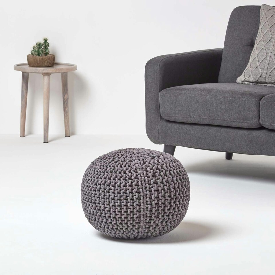 image 1 of Homescapes Sea Grey Round Cotton Knitted Pouffe Footstool - 35 x 40 cm | Grey | H 35cm x W 40cm