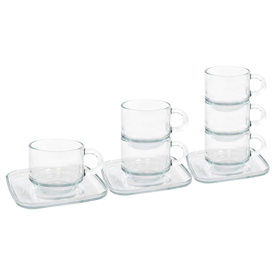 image 1 of LAV Cozy Stacking Glass Espresso Cups & Saucers 12pc Set - 90ml Clear
