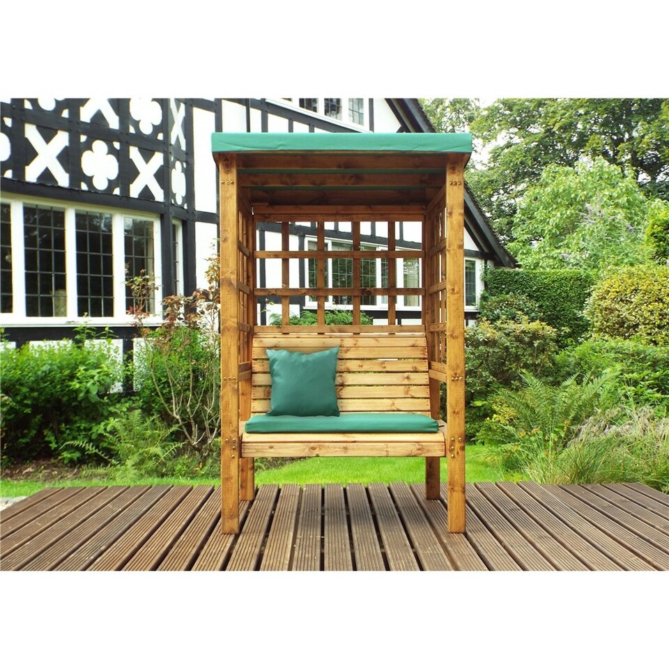 image 1 of Traditional Ewolth Two Seater Arbour With 1 x Bench Cushion Green & 1 x Scatter Cushion Green