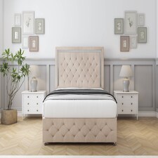 Sloomy Sofia Chrome Sand Naples Divan Bed With Mattress 2 Drawers Right Side With 54" Floor Standing Headboard & 12" Matching Footboard 5' King | Cream | Sand | King | 1