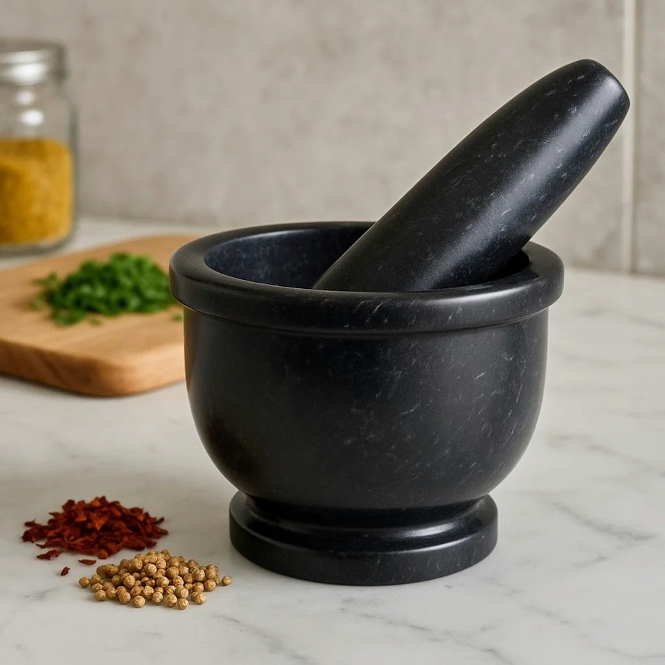 image 1 of Interiors By Premier Black Marble Mortar And Pestle With Rim, Durable Natural Stone Grinder For Kitchen Use