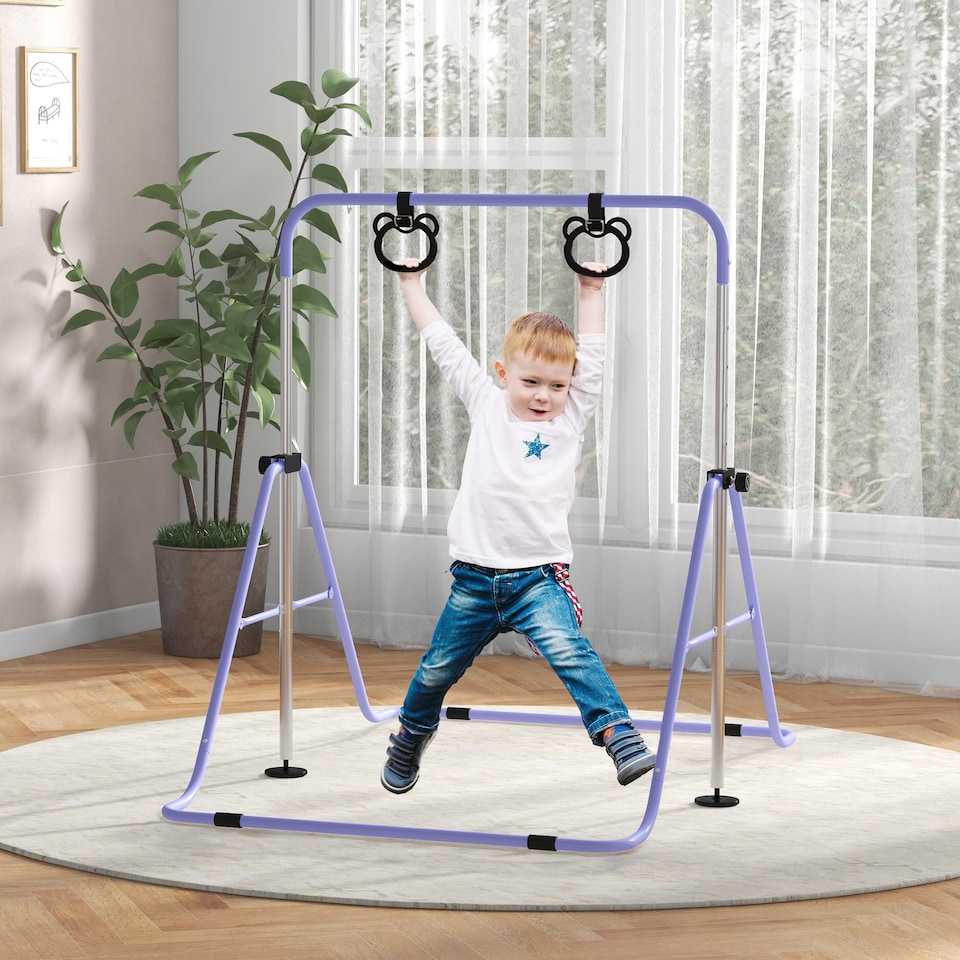 image 1 of HOMCOM Adjustable Height Foldable Kids Gymnastics Bar, Purple | Purple | Purple | 148L x 105W x 88-128H cm