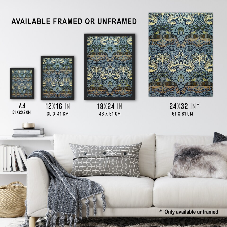 image 1 of Peacock and Dragon Pattern Vintage Wall Art Print William Morris 12x16"