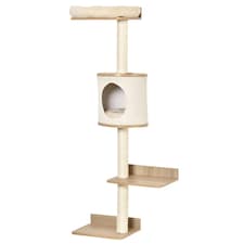 PawHut Wall Mounted Cat Tree for Indoor Cats with Scratch Post Oak Beige