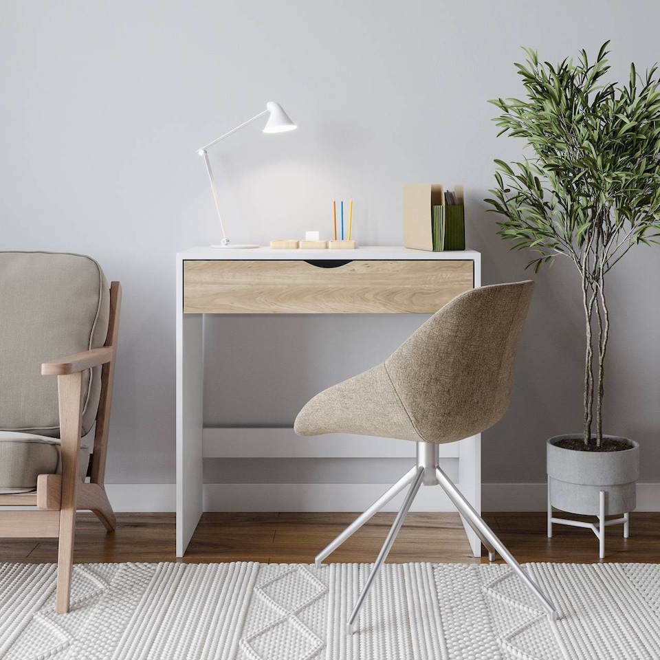 image 1 of 1 Drawer Dressing Table Console Desk, 75 x 40 x 75 cm | White | White & Oak | 9 x 42.5 x 77.5 | 1