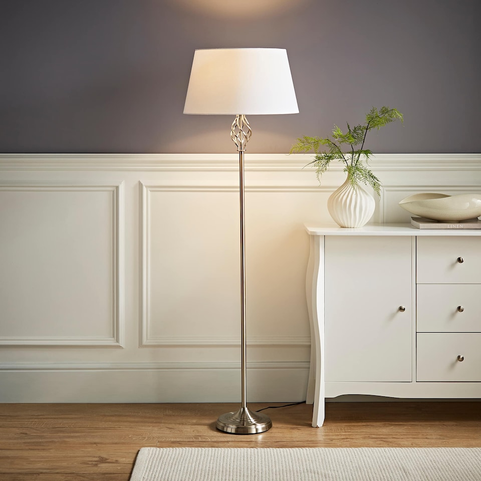 image 1 of ValueLights Memphis Twist Silver Floor Lamp White Taper Shade