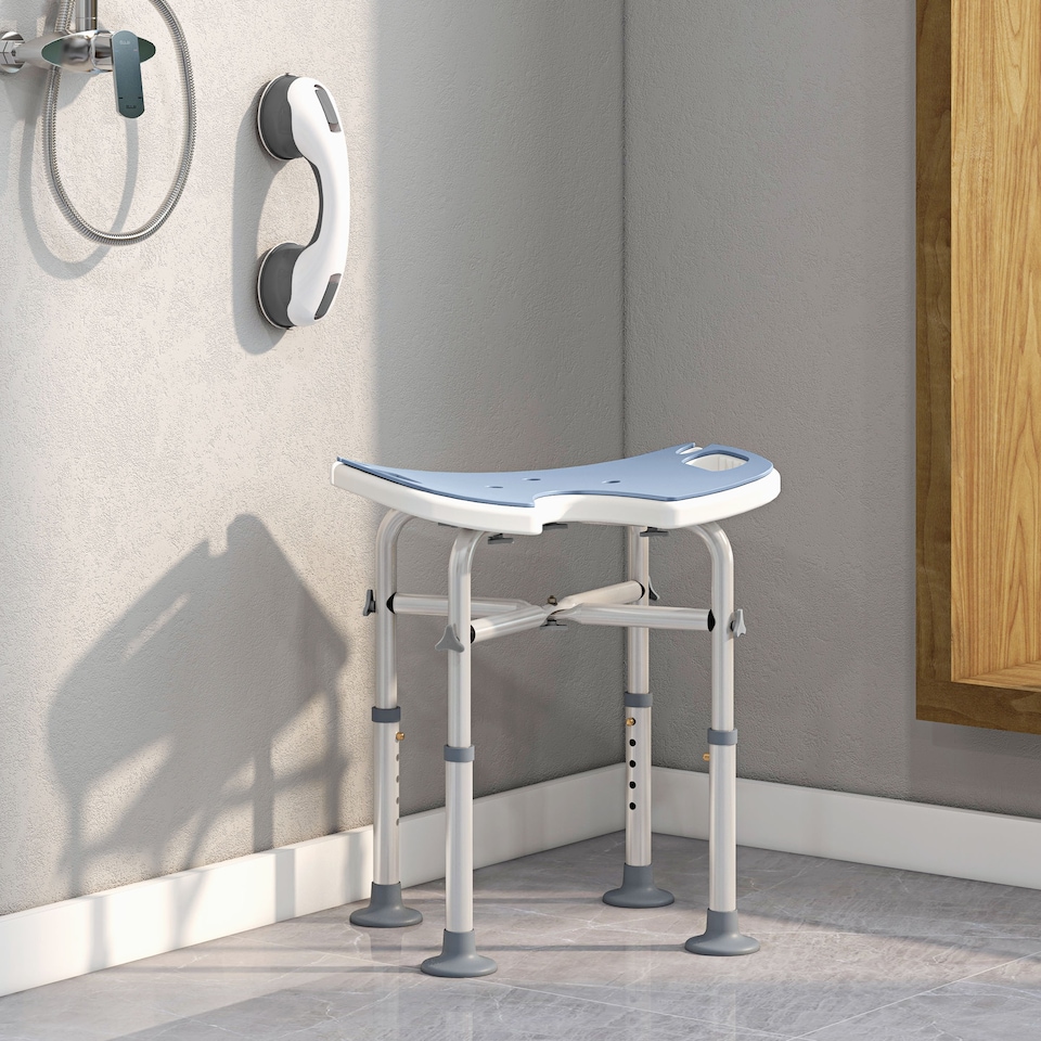 image 1 of HOMCOM Height Adjustable Shower Stool with Suction Grab Rail, Aluminium Shower Chair with U-Shaped Padded Seat, Non-Slip Bath Stool for Elderly, Disabled, Seniors, Pregnant, Light Blue