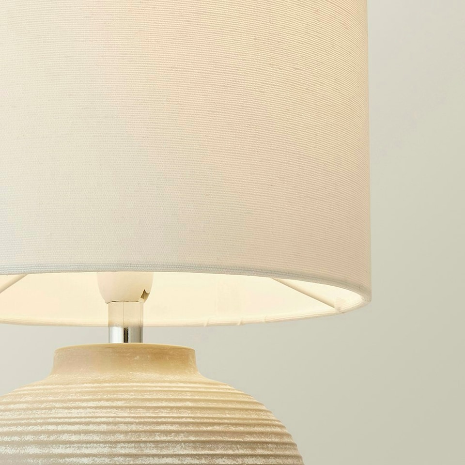 image 1 of ValueLights Reid Linen Drum Lamp Shade Stone Grey Ribbed Ceramic Small Table Lamp Grey