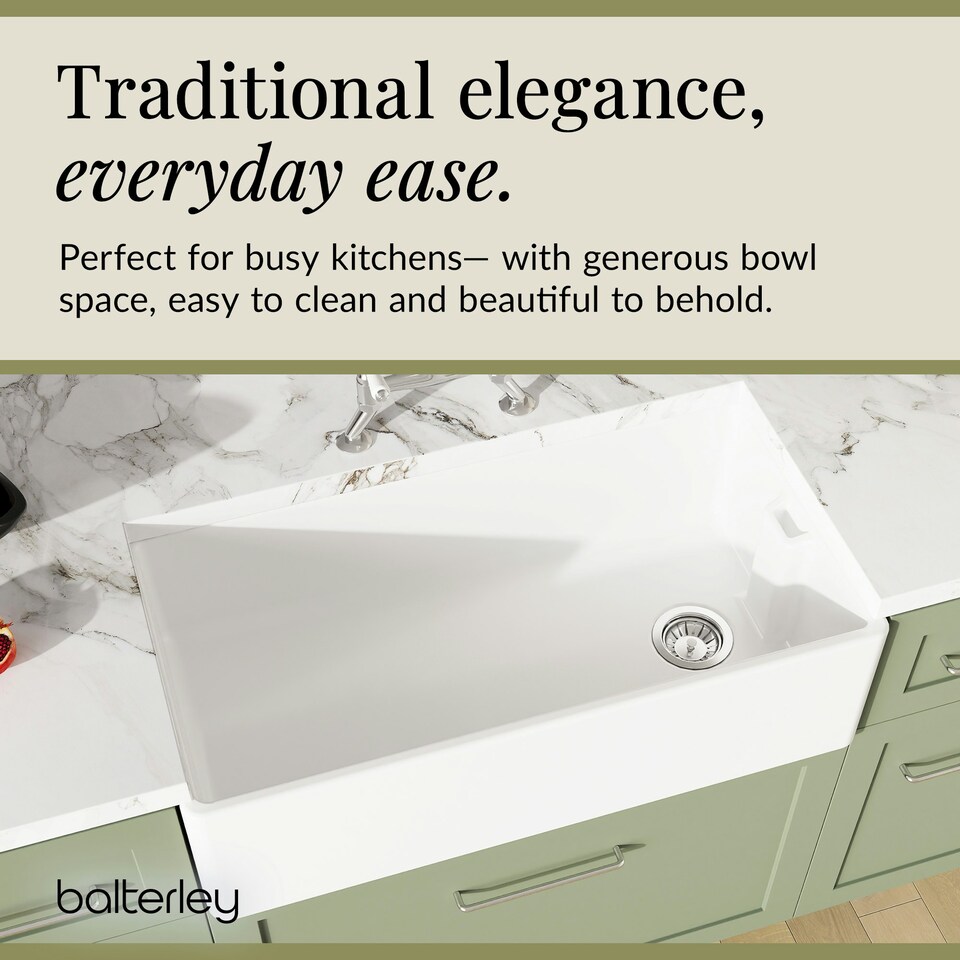 image 1 of Fireclay Kitchen Bundle Single Bowl Belfast Sink with Strainer Waste and Bridge Mixer Tap, 895mm Chrome Finish by Balterley