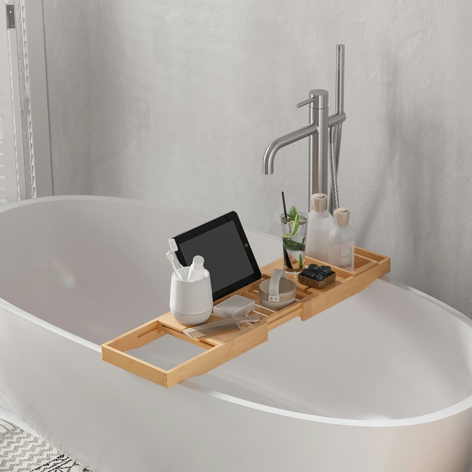 image 1 of HOMCOM Extendable Bath Tub Bathroom Tray Bathtub Caddy Shelf Wine Holder Book