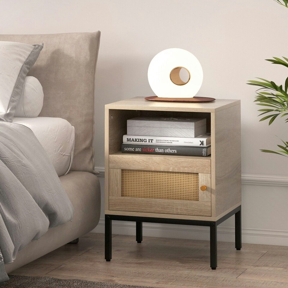 image 1 of COSTWAY Home Rattan Nightstand Accent Bedside Table Brown