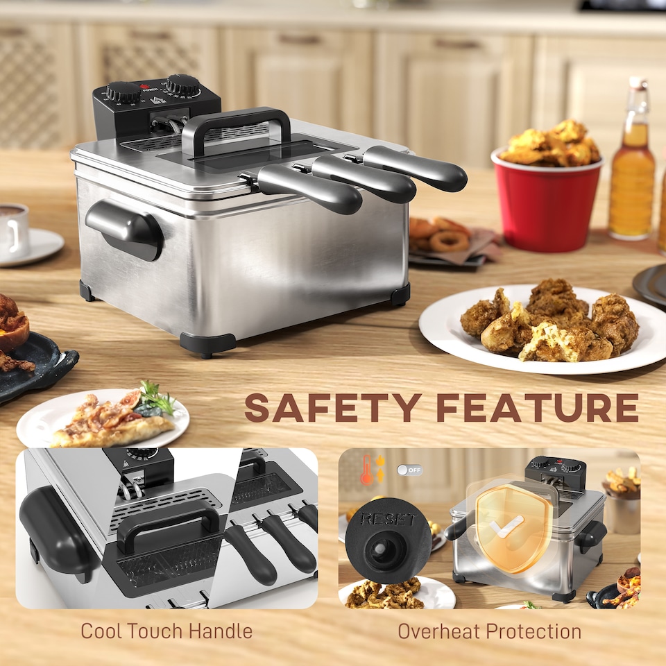 image 1 of HOMCOM 5L Deep Fryer with Removable Oil Basket and Viewing Window, 2000W | Silver