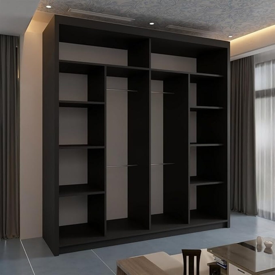 image 1 of Modern Sliding Wardrobe 203cm with Wavy Mirror Design | White, Black, Grey, Oak Finish Black | Black203cm