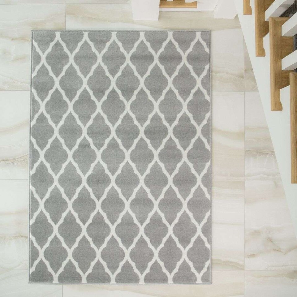 image 1 of KUKOON Grey White Classic Trellis Living Area Rug 60cm x 240cm