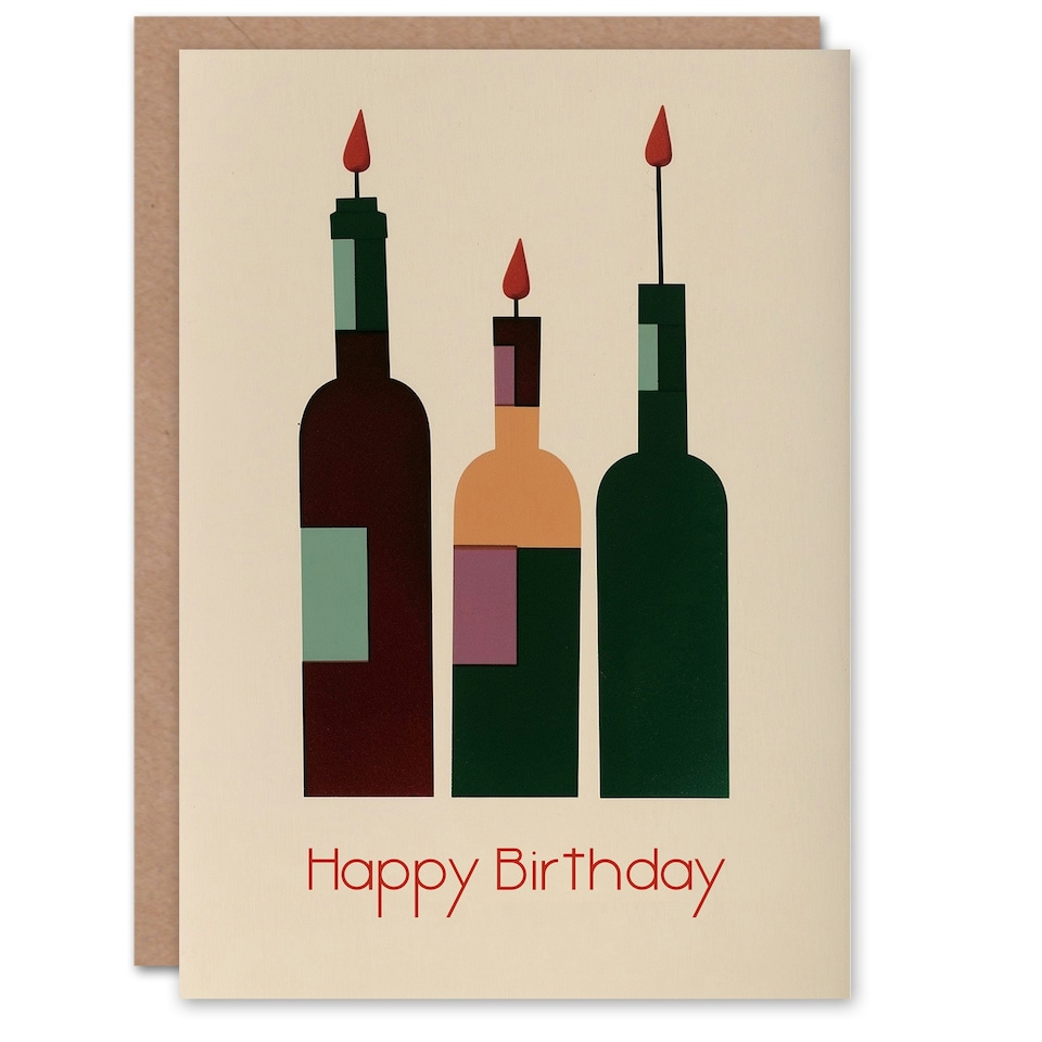 image 1 of Three Wine Bottles Candles Block Green Wino Birthday Card