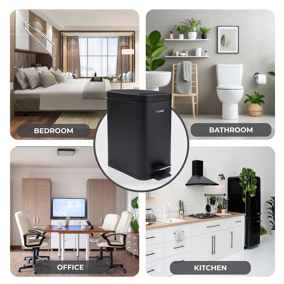 image 1 of 5L BATHROOM SLIM KITCHEN PEDAL RECTANGULAR BIN WASTE WITH SOFT CLOSING LID BLACK | Black