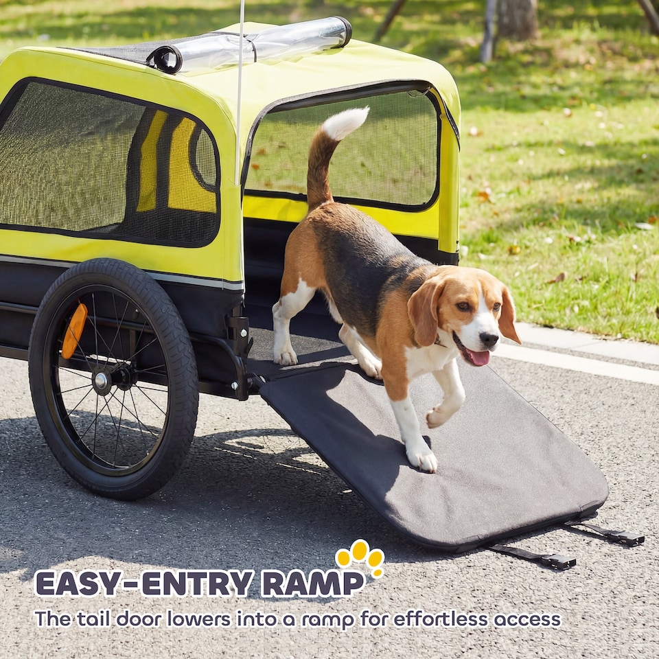 image 1 of PawHut Dog Bike Trailer w/ Flip-Down Ramp Tailgate, Reflectors | Yellow | Yellow, Black | 138L x 69W x 70H cm
