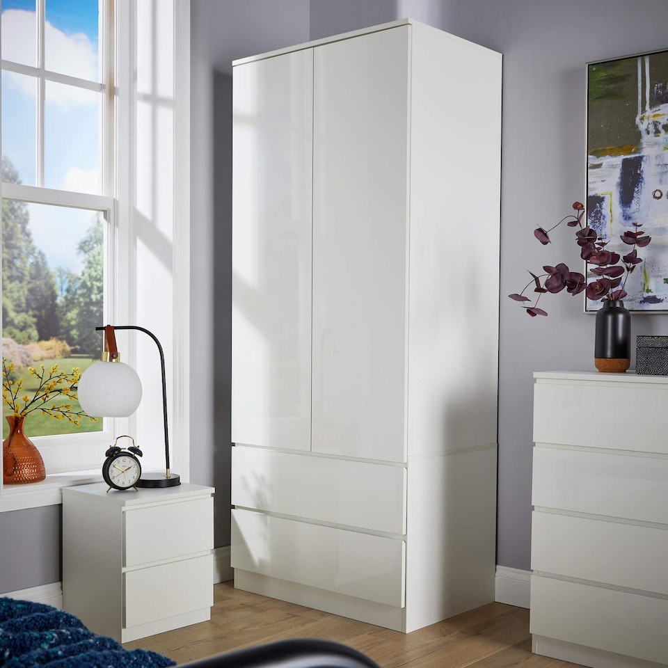 image 1 of Wardrobe 2 Door 2 Drawer Storage Cabinet Modern Home Bedroom Furniture | White