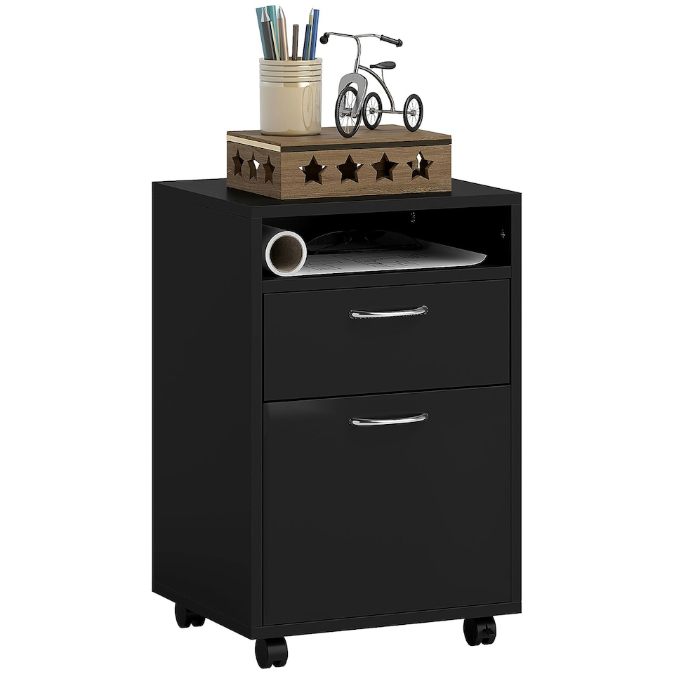 image 1 of HOMCOM Filing Cabinet with Drawers and Open Shelf, 60cm, Black