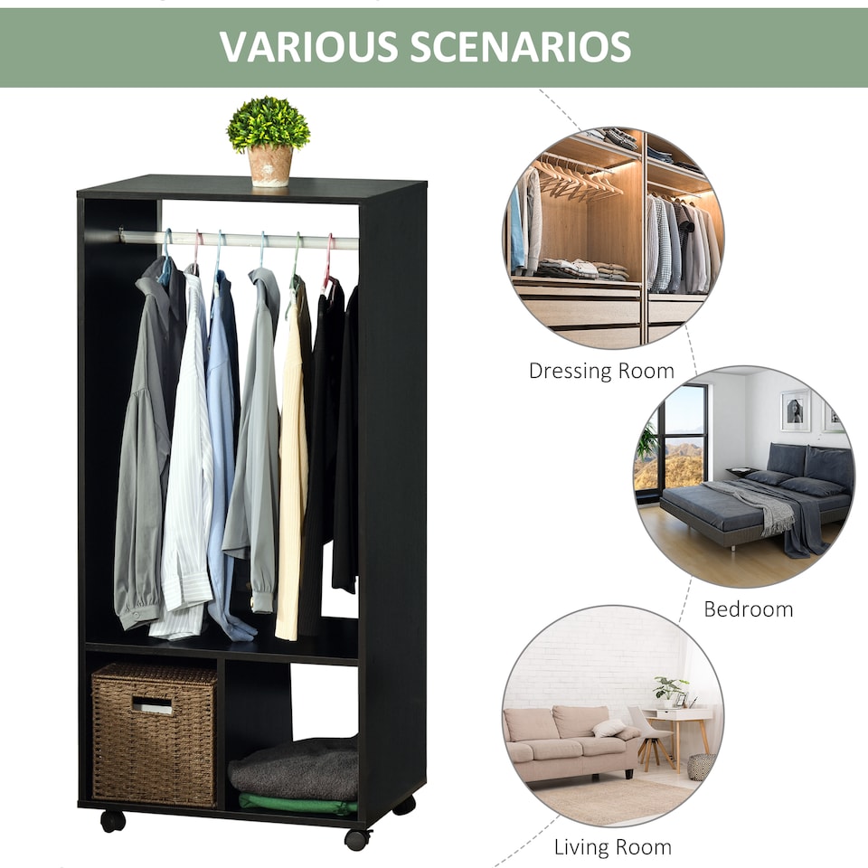 image 1 of HOMCOM Mobile Open Wardrobe Clothes Rail Storage Shelves Small Bedroom Black