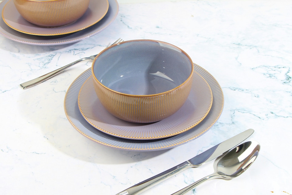 image 1 of 16pc Reactive Glaze Purple Dinner Set