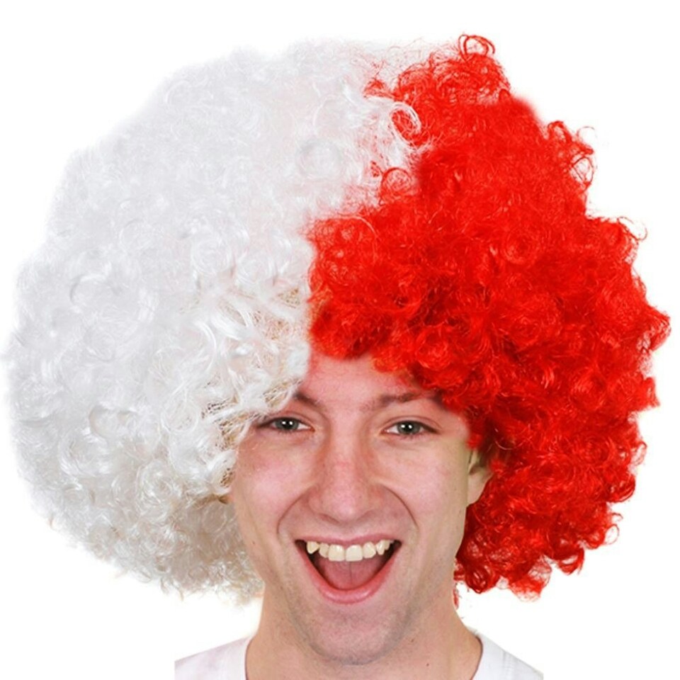 image 1 of Pack of 12 Red and White Supporters Curly Wig Red | One Size