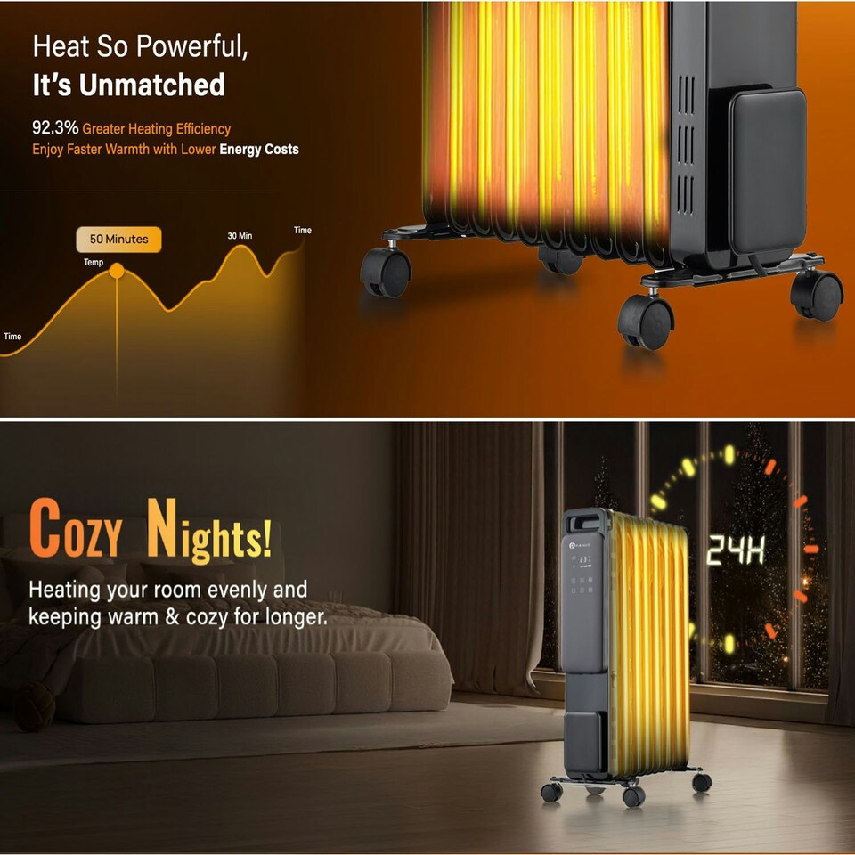 image 1 of PureMate 2500W 11-Fin Oil Filled Radiator | Portable Heater with Digital Thermostat, 24Hr Timer & Eco Mode