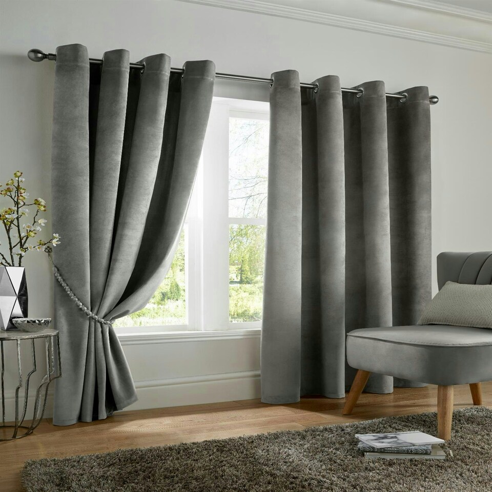 image 1 of Velvet Look Eyelet Ring Top Blackout Curtains - 168cm x 137cm - Silver