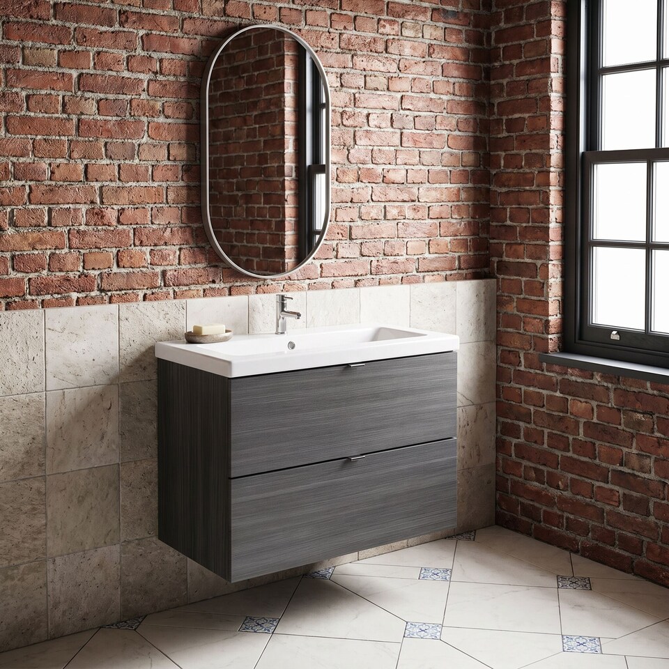 image 1 of Balterley Alrewas Contemporary 2 Drawer Wall Hung Vanity Unit with Basin, Anthracite Woodgrain, 800mm