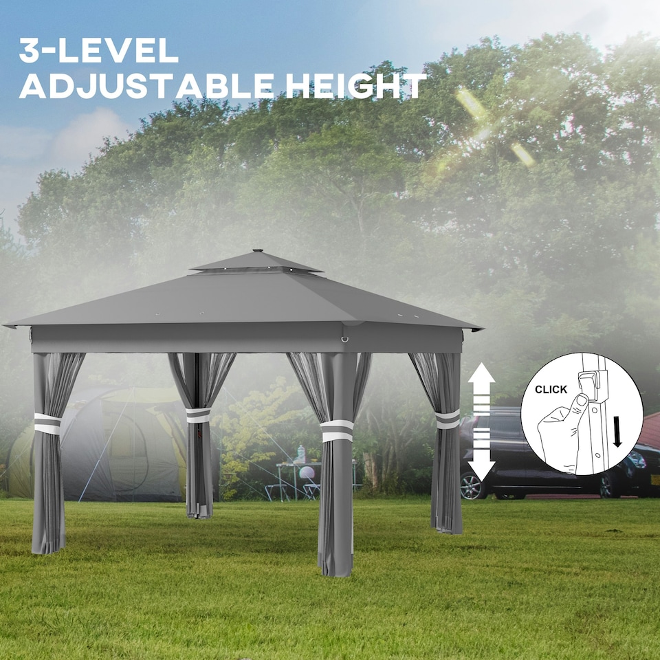 image 1 of Outsunny 3.36x3.36m Pop Up Gazebo w/ Solar-Powered LED Lights Netting Grey