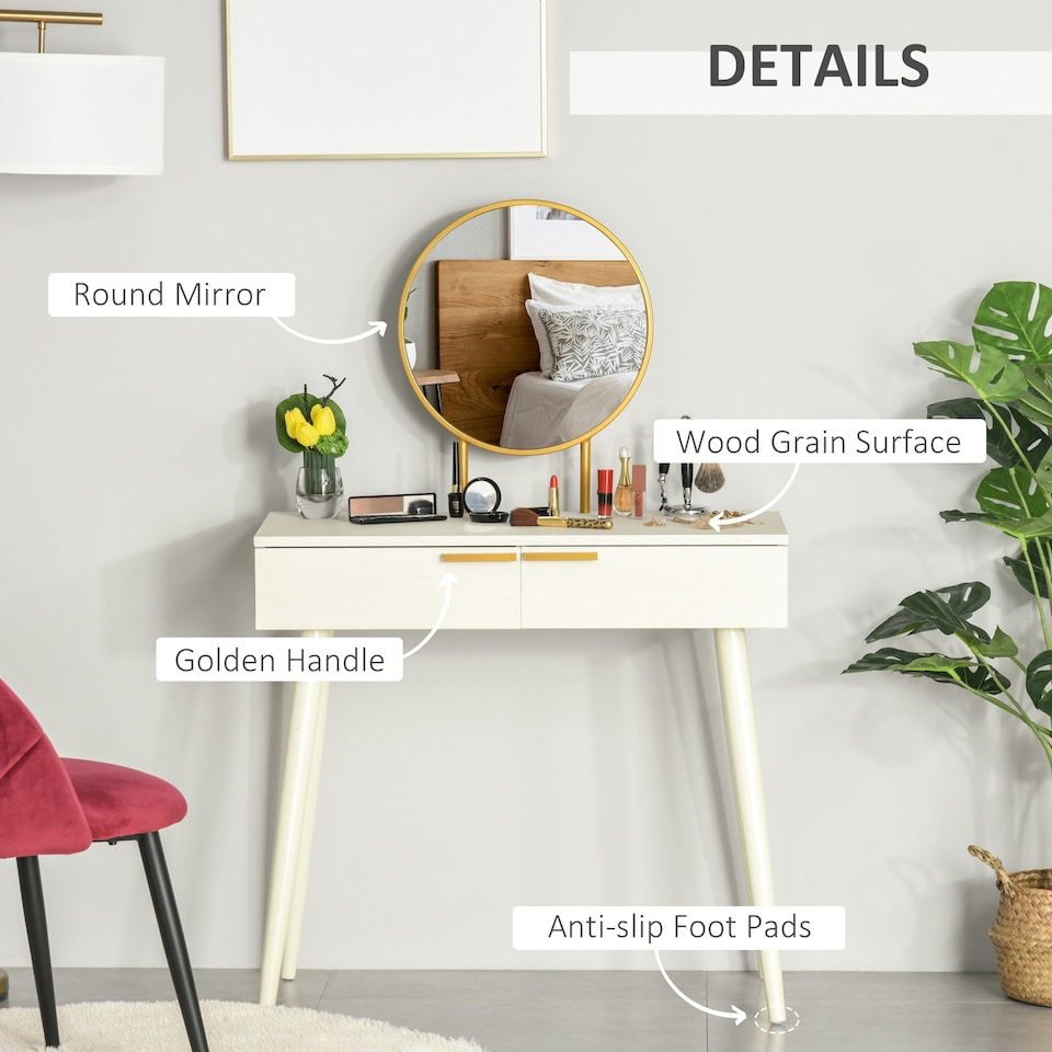 image 1 of HOMCOM Modern Dressing Table w/ 2 Drawers Round Mirror for Bedroom White