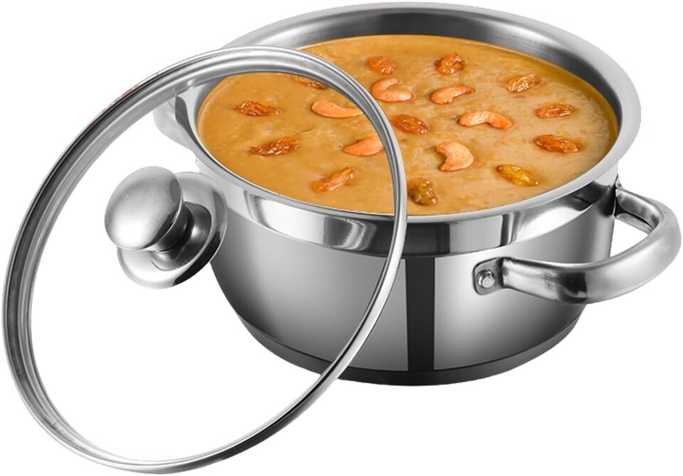 image 1 of Vinod Cookware Two Tone Stainless Steel Sauce Pot with Glass Lid - Steam Vent, Sturdy Handle Induction Bottom (22cm , 4 ltr) | Multi